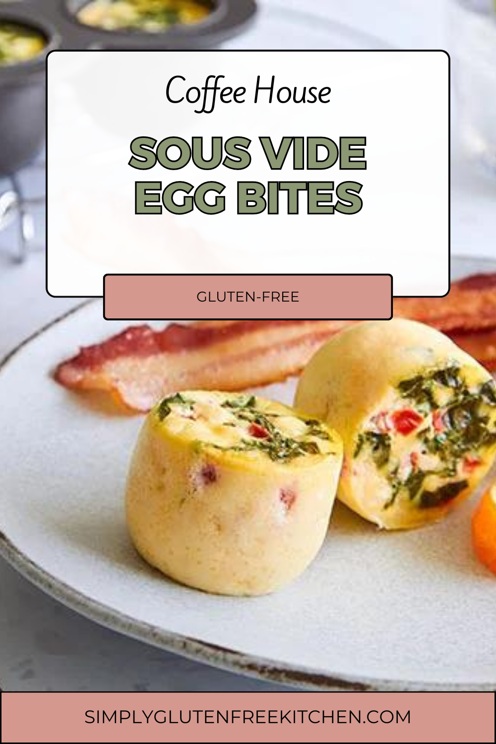 A plate of perfectly cooked Gluten-Free Sous Vide Egg Bites, featuring a fluffy, moist texture, set against a backdrop of fresh herbs and colorful vegetables. Ideal for a quick, healthy breakfast.