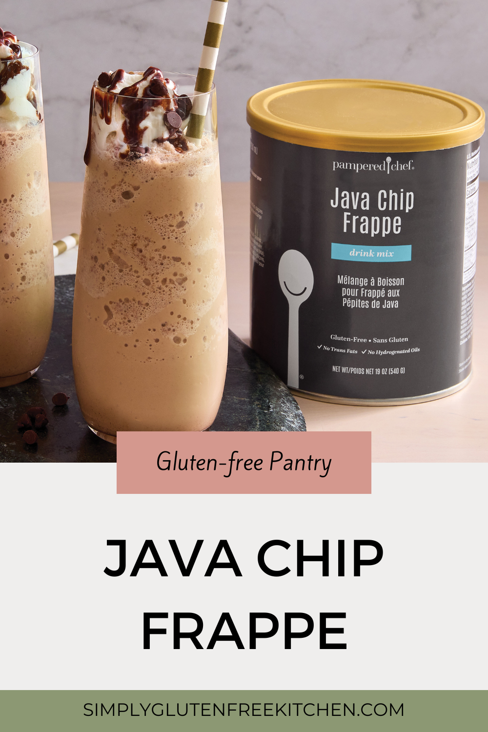 A tall glass of homemade Java Chip Frappe made with Pampered Chef Java Chip Frappe mix, topped with whipped cream and chocolate shavings, sitting on a kitchen counter.