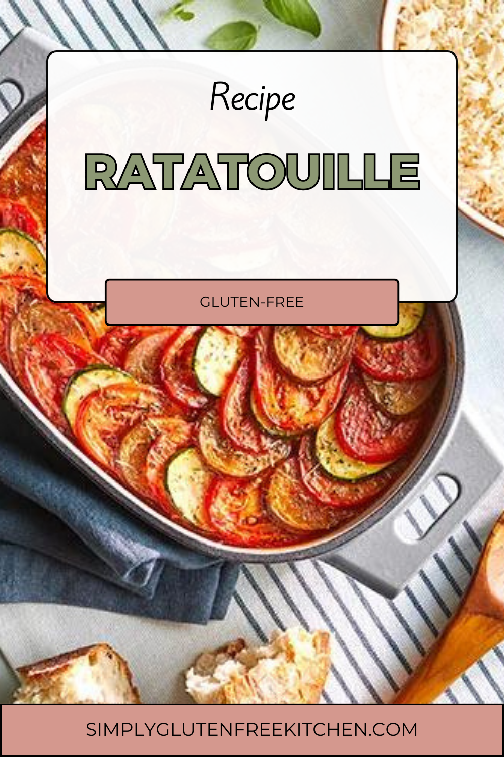 A beautifully arranged Gluten-Free Ratatouille in a cast iron dish, showcasing layers of vibrant red tomatoes, green zucchini, and purple eggplant, brushed with olive oil and balsamic vinegar, baked to perfection.