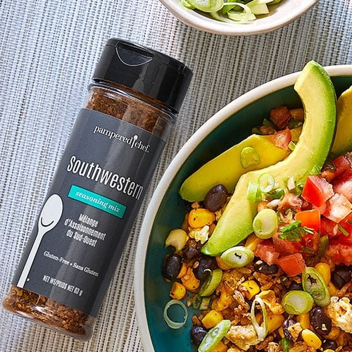 A jar of Pampered Chef Gluten-Free Southwestern Seasoning, showcasing a blend of herbs and spices perfect for enhancing the flavor of various dishes.