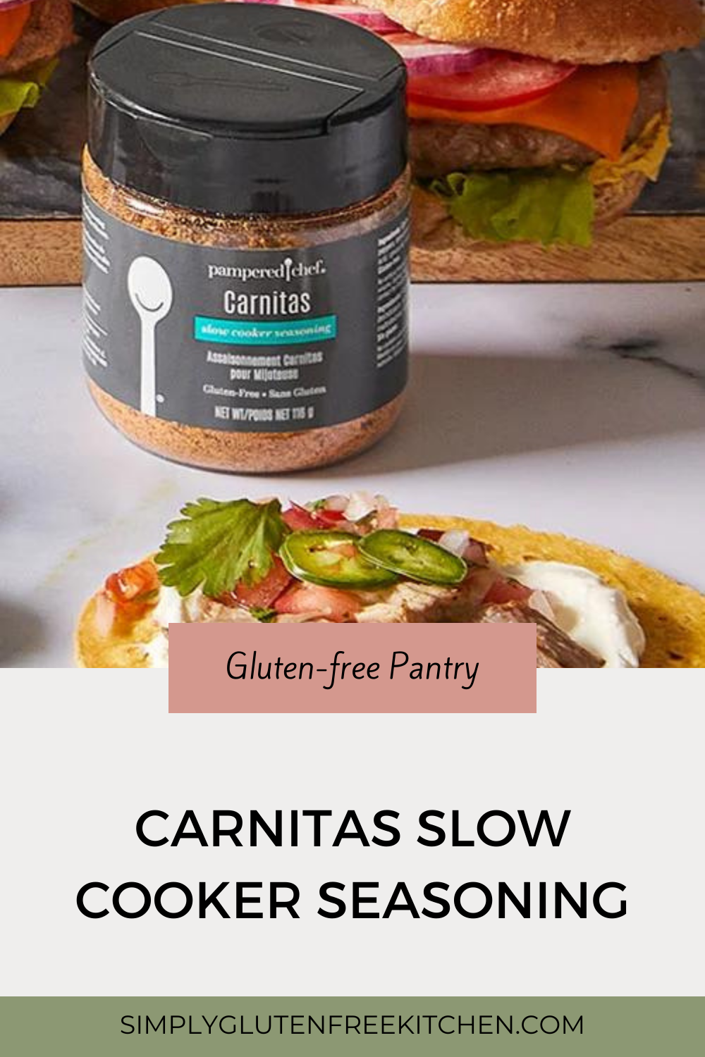 A jar of Pampered Chef Carnitas Slow Cooker Seasoning, featuring a blend of chili pepper, garlic, and cumin, perfect for creating tender, flavorful carnitas. Gluten-free and non-GMO.