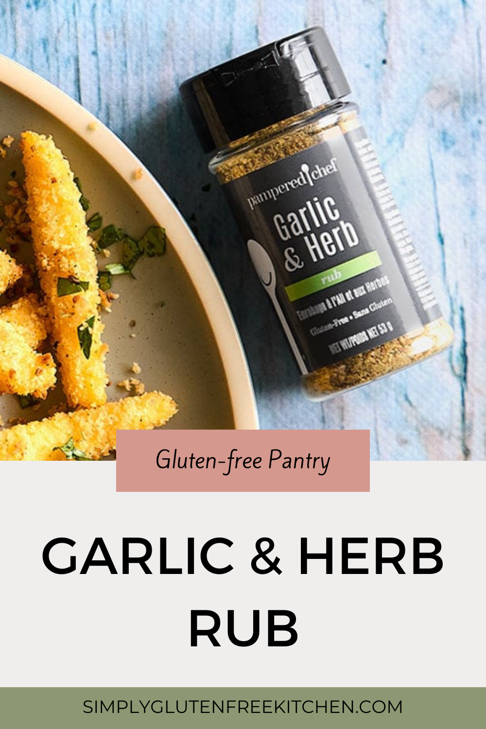 A jar of Pampered Chef Garlic & Herb Rub, featuring a flavorful blend of garlic, onion, and herbs, perfect for enhancing chicken, fish, and vegetables. Gluten-free and non-GMO.