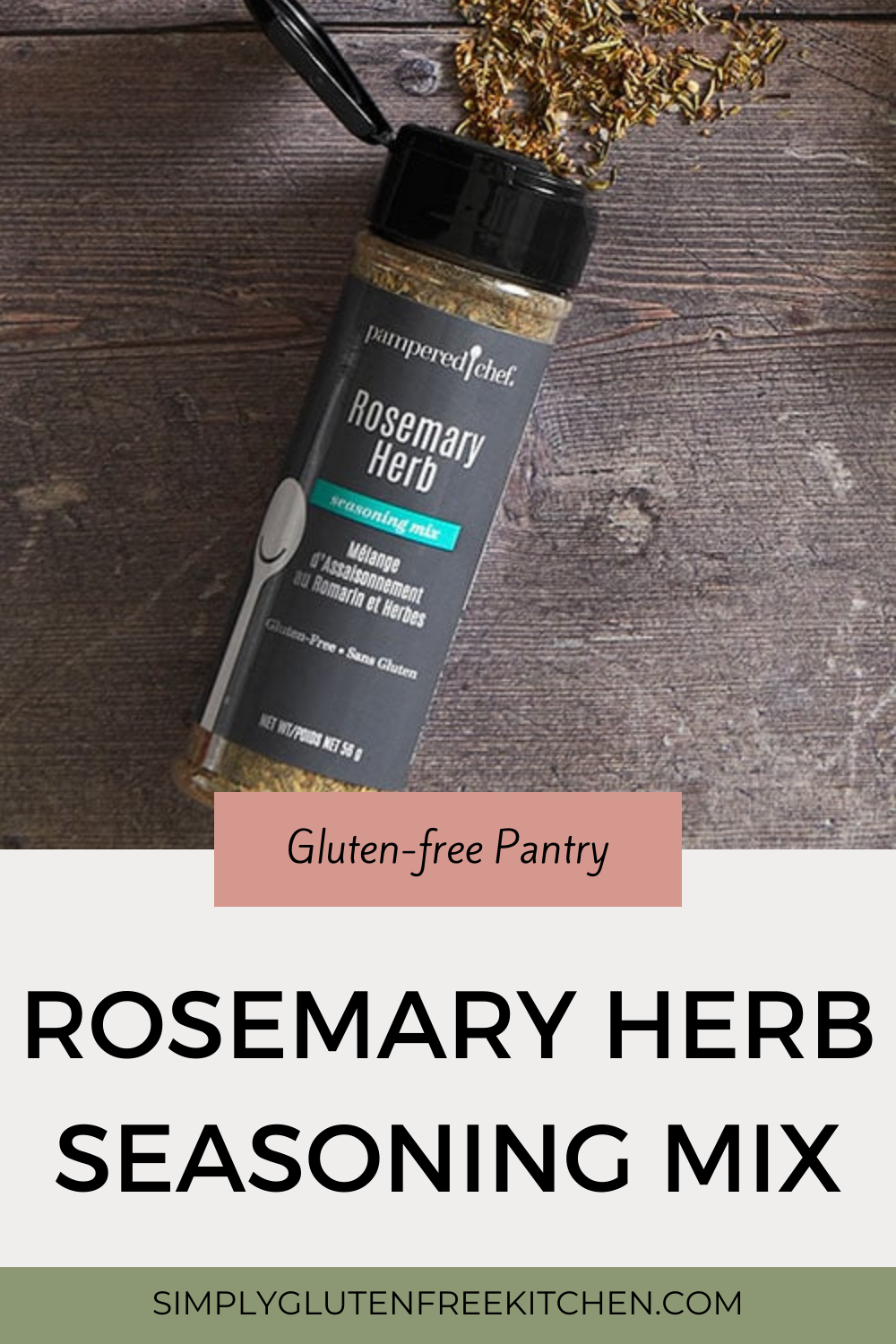 A jar of Pampered Chef Rosemary Herb Seasoning Mix, featuring a blend of rosemary and savory herbs, perfect for roasting meats, seasoning vegetables, and enhancing sauces. Gluten-free and non-GMO.