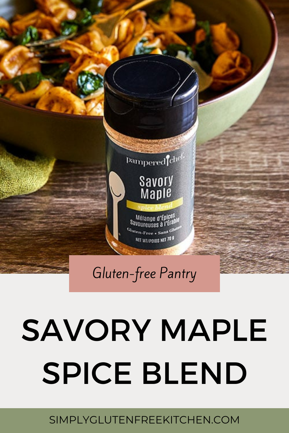 A jar of Pampered Chef Savory Maple Spice Blend, featuring a rich blend of maple and savory spices, perfect for pork, chicken, and roasted vegetables. Gluten-free and non-GMO.