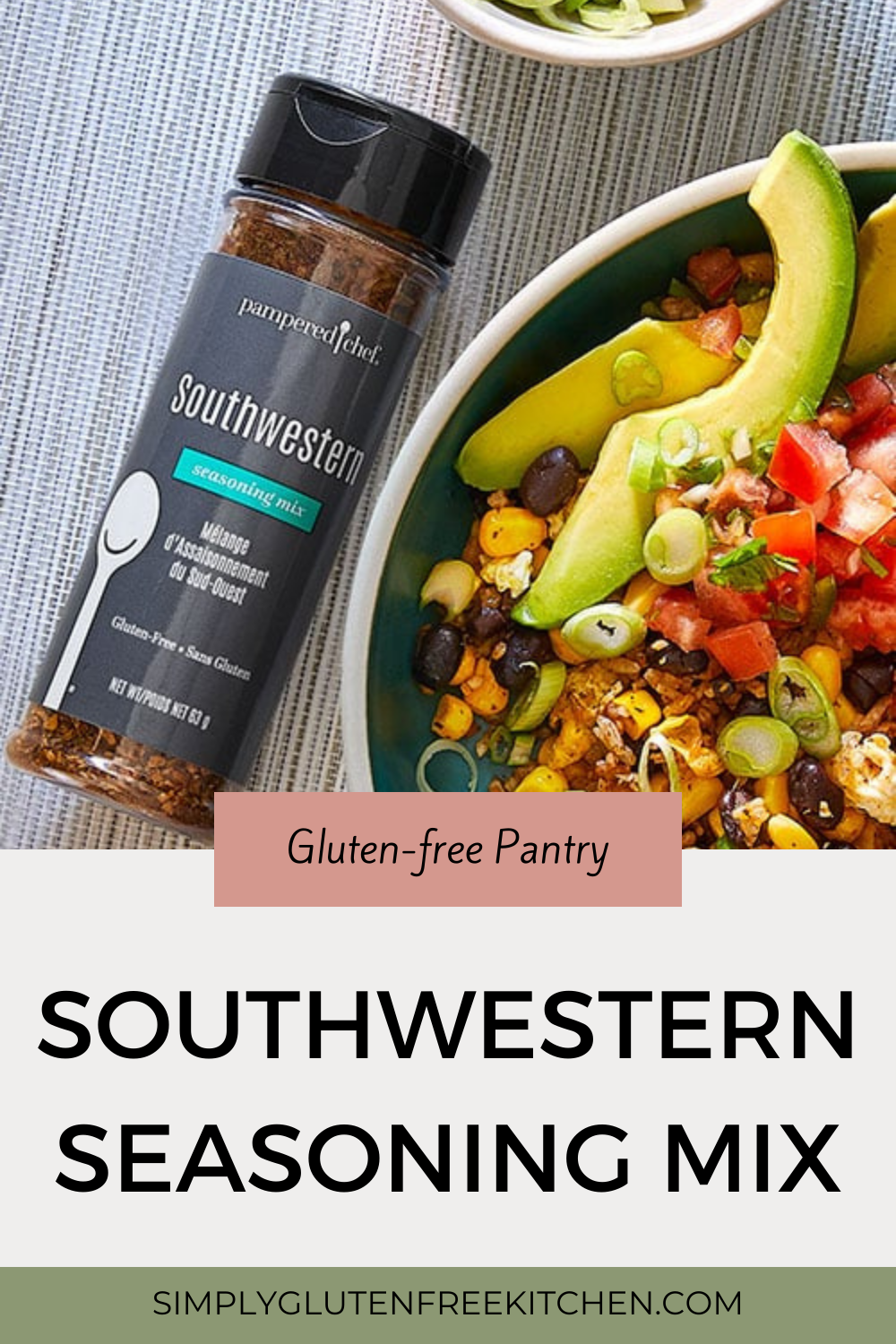 A jar of Pampered Chef Southwestern Seasoning Mix, featuring a vibrant blend of chili peppers, cumin, garlic, and other spices, perfect for adding bold, zesty flavors to tacos, fajitas, and grilled chicken. Gluten-free and non-GMO.