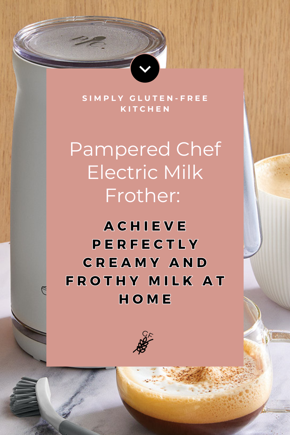 A sleek Pampered Chef Electric Milk Frother with a perfectly frothy cup of coffee beside it, showcasing its ability to make creamy and frothy milk at home.