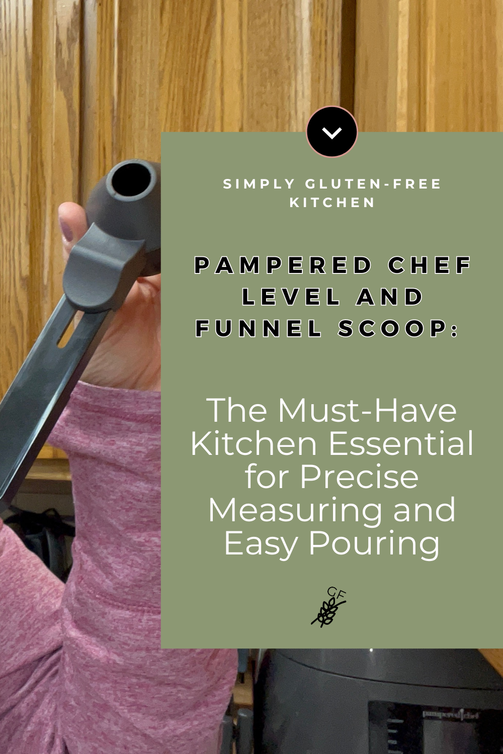 Pampered Chef Level and Funnel Scoop being held by a person in a kitchen, showcasing its ergonomic design and easy-to-use features.