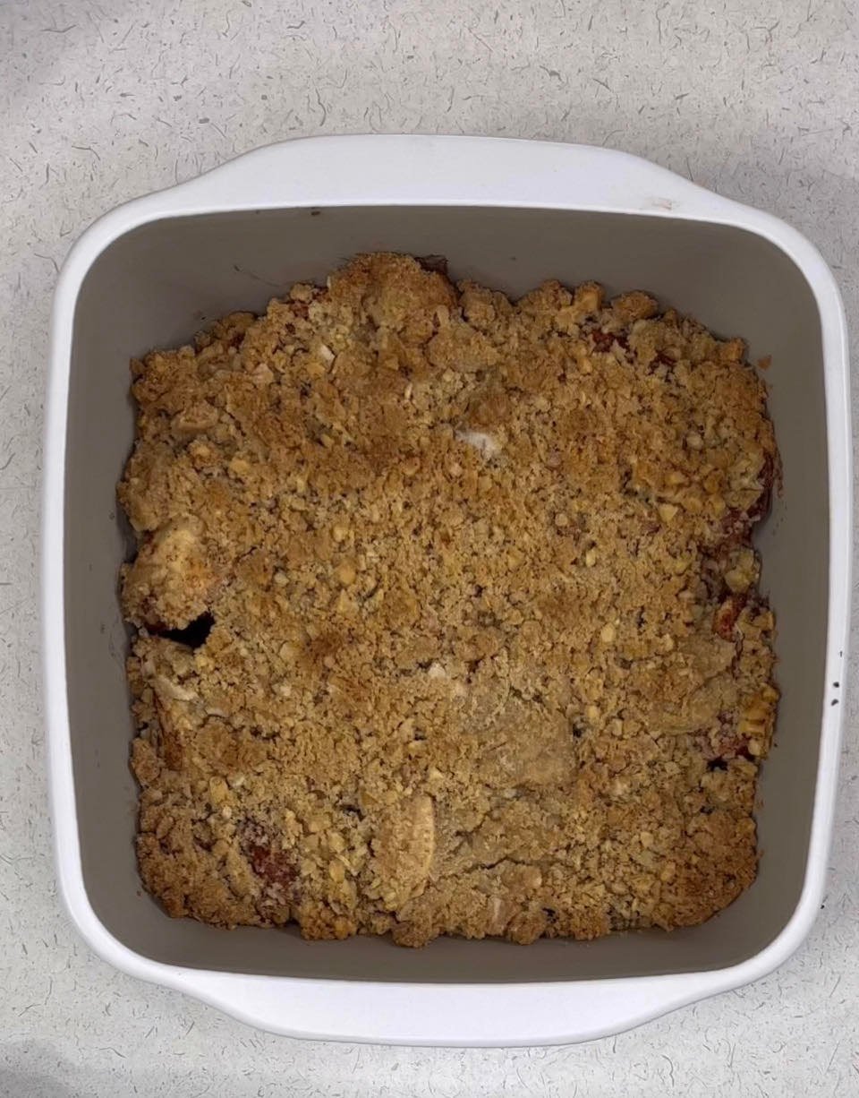 Delicious gluten-free apple crumble in a baking dish, perfect for fall desserts.