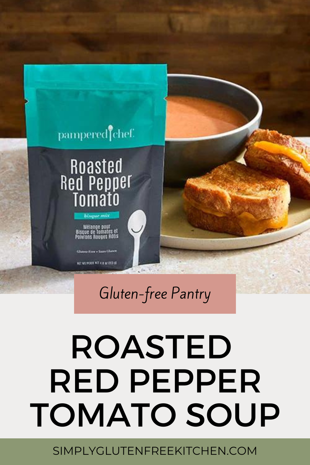 Roasted Red Pepper Tomato Soup Mix from Pampered Chef beside a bowl of tomato soup - gluten-free soup mix.