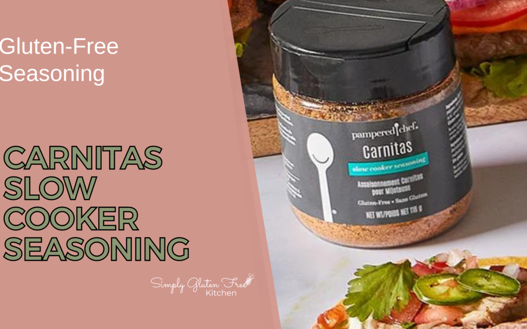 A jar of Pampered Chef Carnitas Slow Cooker Seasoning, featuring a blend of chili pepper, garlic, and cumin, perfect for creating tender, flavorful carnitas. Gluten-free and non-GMO.