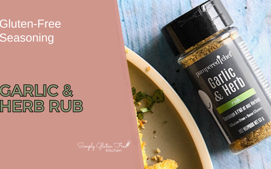 A jar of Pampered Chef Garlic & Herb Rub, featuring a flavorful blend of garlic, onion, and herbs, perfect for enhancing chicken, fish, and vegetables. Gluten-free and non-GMO.