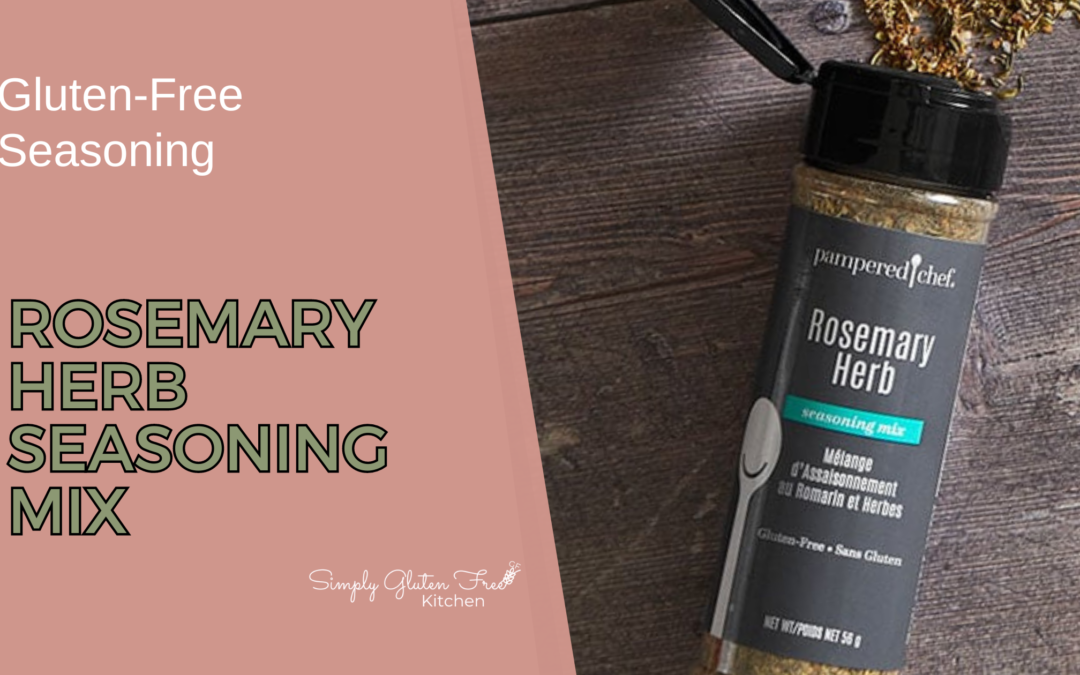 A jar of Pampered Chef Rosemary Herb Seasoning Mix, featuring a blend of rosemary and savory herbs, perfect for roasting meats, seasoning vegetables, and enhancing sauces. Gluten-free and non-GMO.