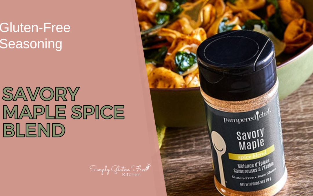 A jar of Pampered Chef Savory Maple Spice Blend, featuring a rich blend of maple and savory spices, perfect for pork, chicken, and roasted vegetables. Gluten-free and non-GMO.