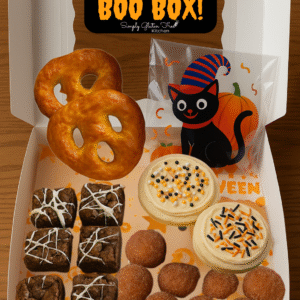 Gluten-free dairy-free Halloween Boo Box with soft pretzels, brownie bites, sugar cookies, and apple cider donut holes in festive packaging.