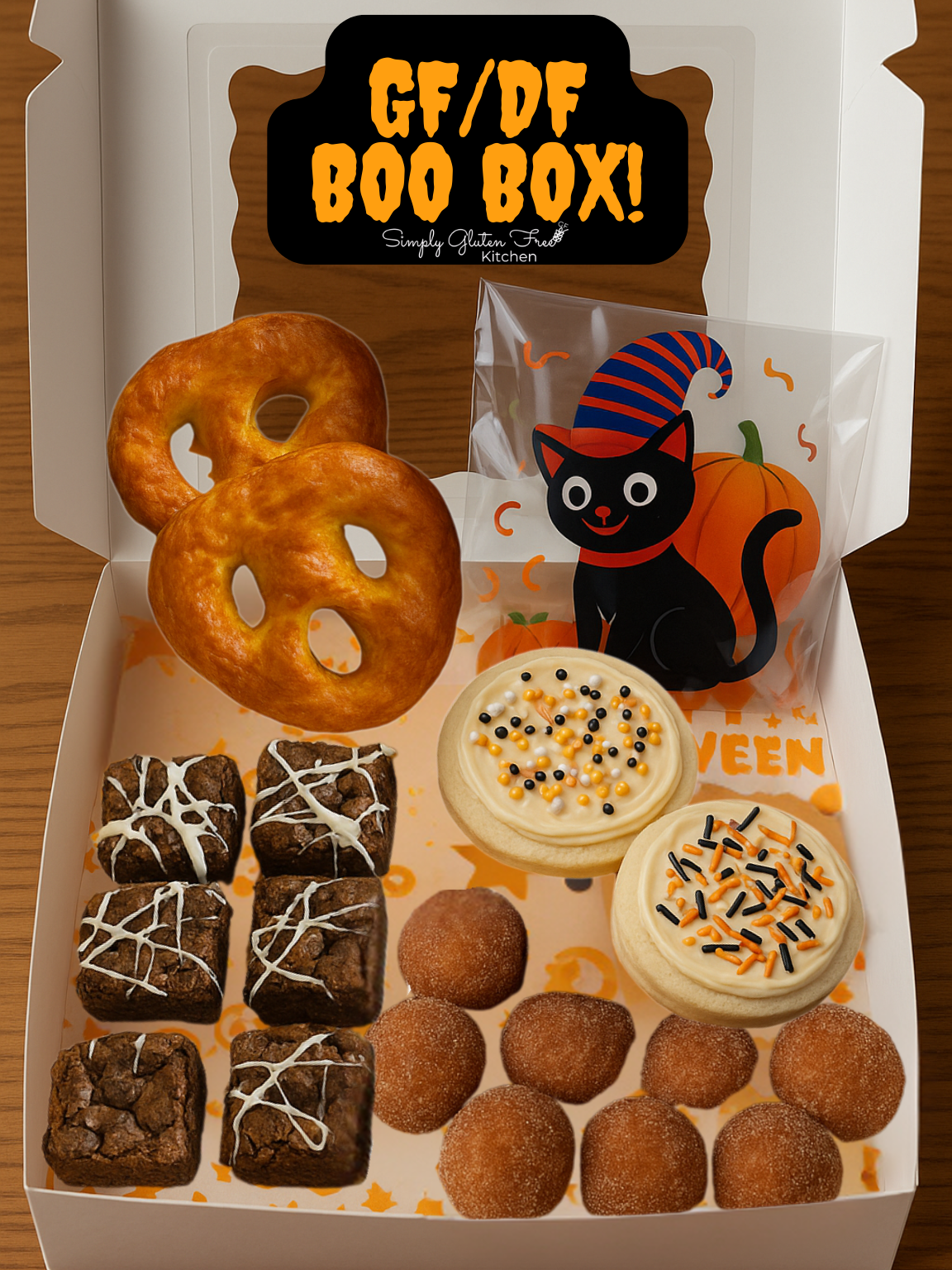 GF/DF Boo Box — Halloween Treat Sampler 1 Gluten-free dairy-free Halloween Boo Box with soft pretzels, brownie bites, sugar cookies, and apple cider donut holes in festive packaging.