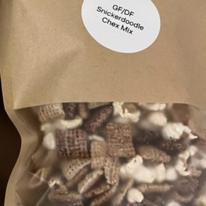 Gluten-free Salted Caramel Apple Chex Party Mix with pretzels, chocolate chips, apple crisps, and almonds.