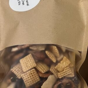 Gluten-free Salted Caramel Apple Chex Party Mix with pretzels, chocolate chips, apple crisps, and almonds.